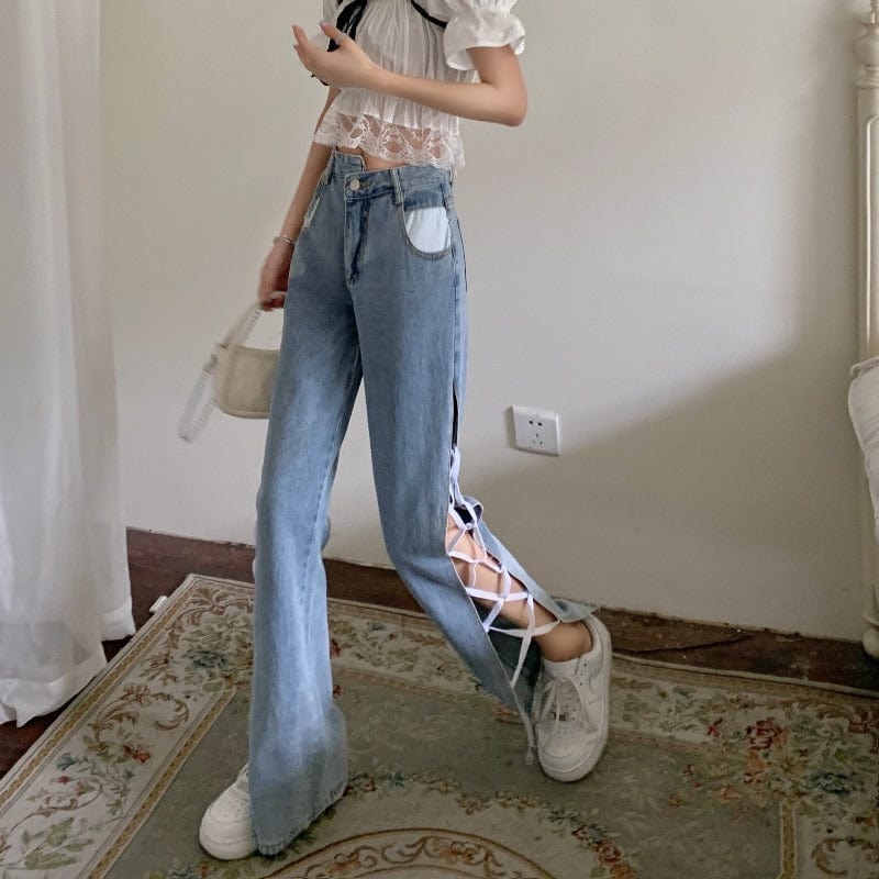 Женские джинсовые расклешенные брюки Kobine с высокой талией и боковой шнуровкой в ​​винтажном стиле