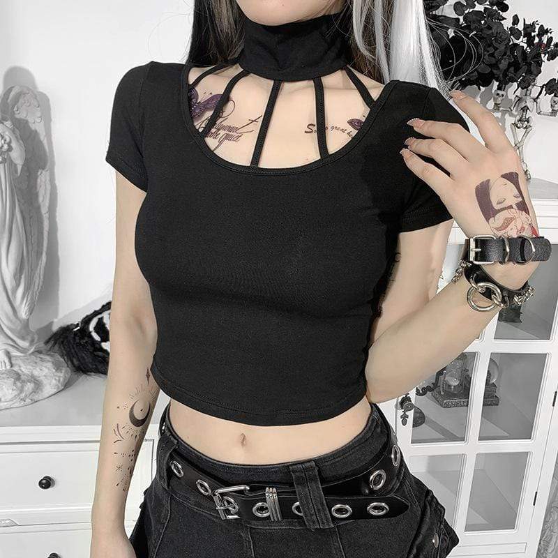 Punk Design Women's Halterneck Short Sleeved Crop Tops Black